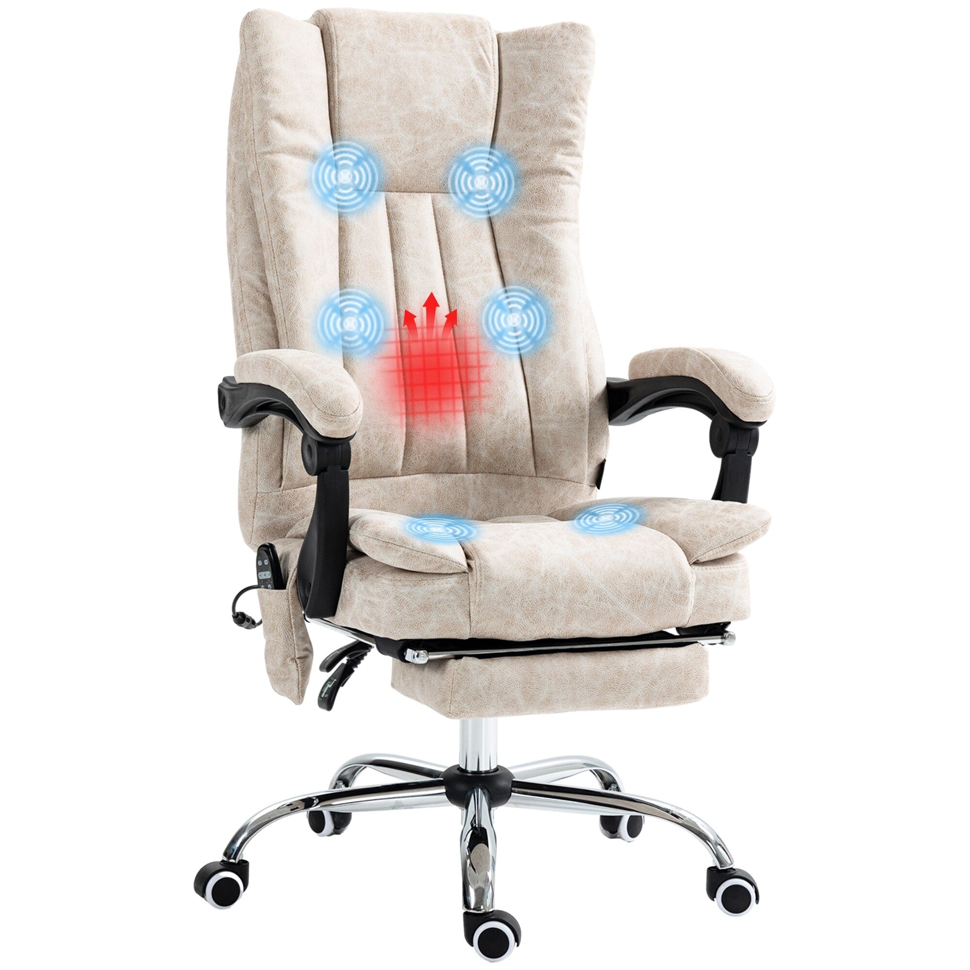 Fauteuil de bureau inclinable et massant pivotant à 360° en microfibre avec massage par vibration, chauffage, repose-pieds et hauteur réglable
