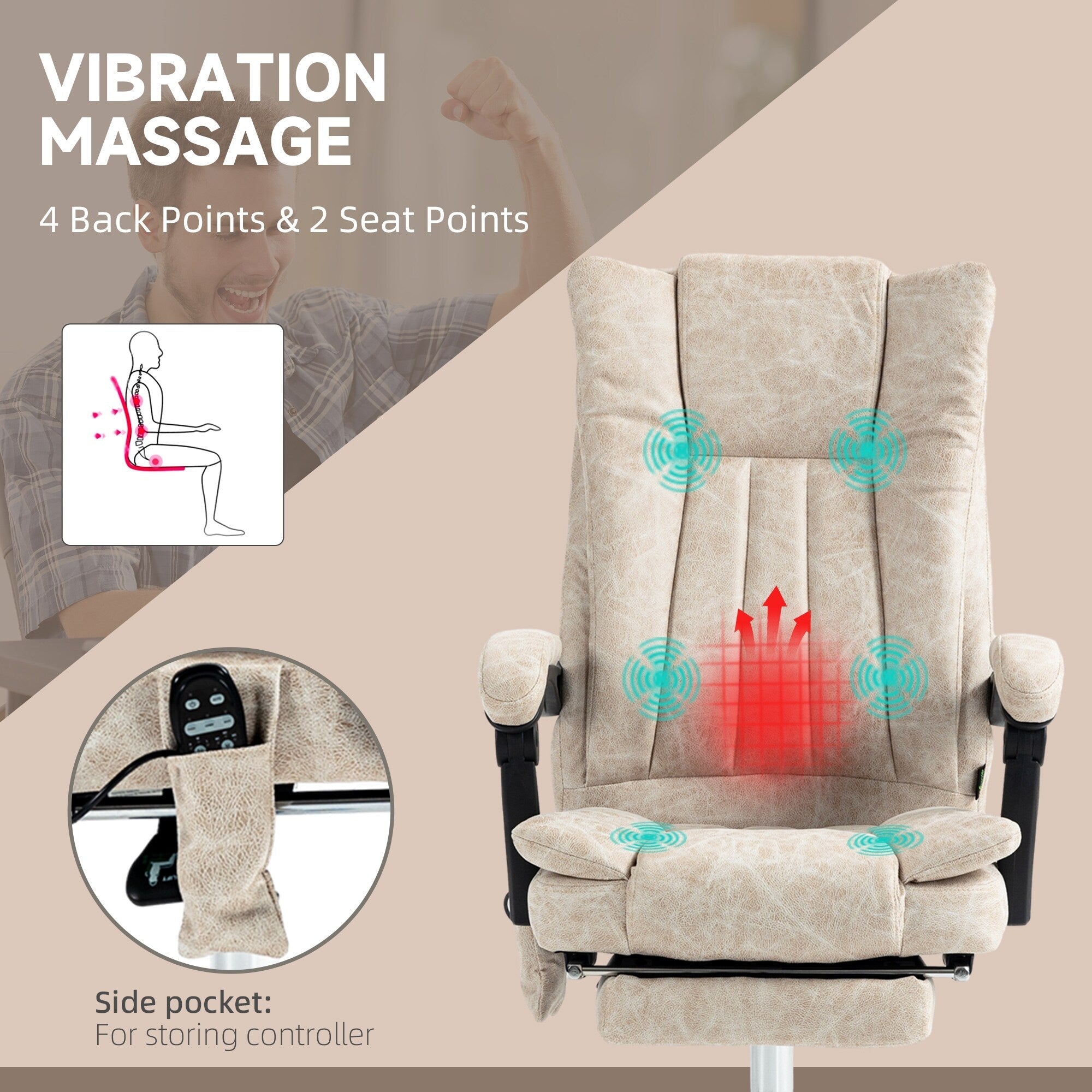 Fauteuil de bureau inclinable et massant pivotant à 360° en microfibre avec massage par vibration, chauffage, repose-pieds et hauteur réglable