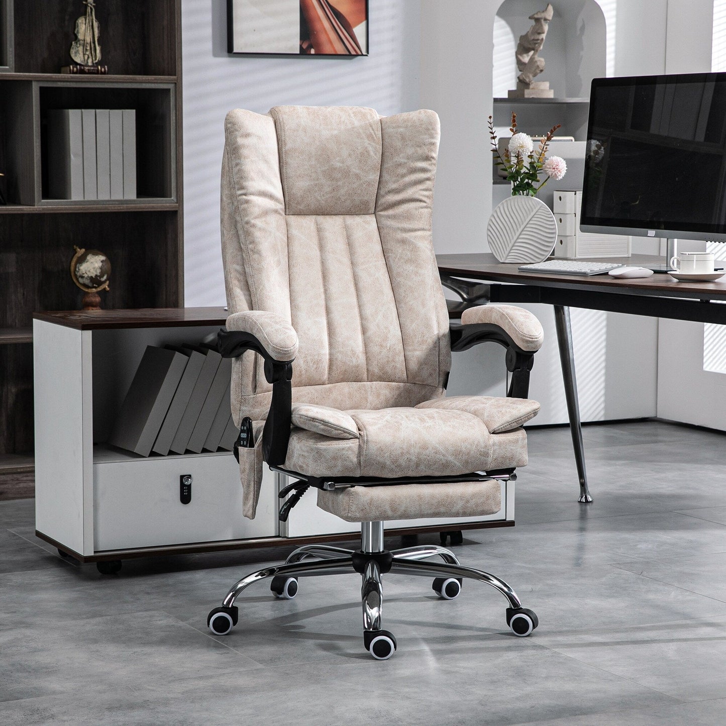 Fauteuil de bureau inclinable et massant pivotant à 360° en microfibre avec massage par vibration, chauffage, repose-pieds et hauteur réglable