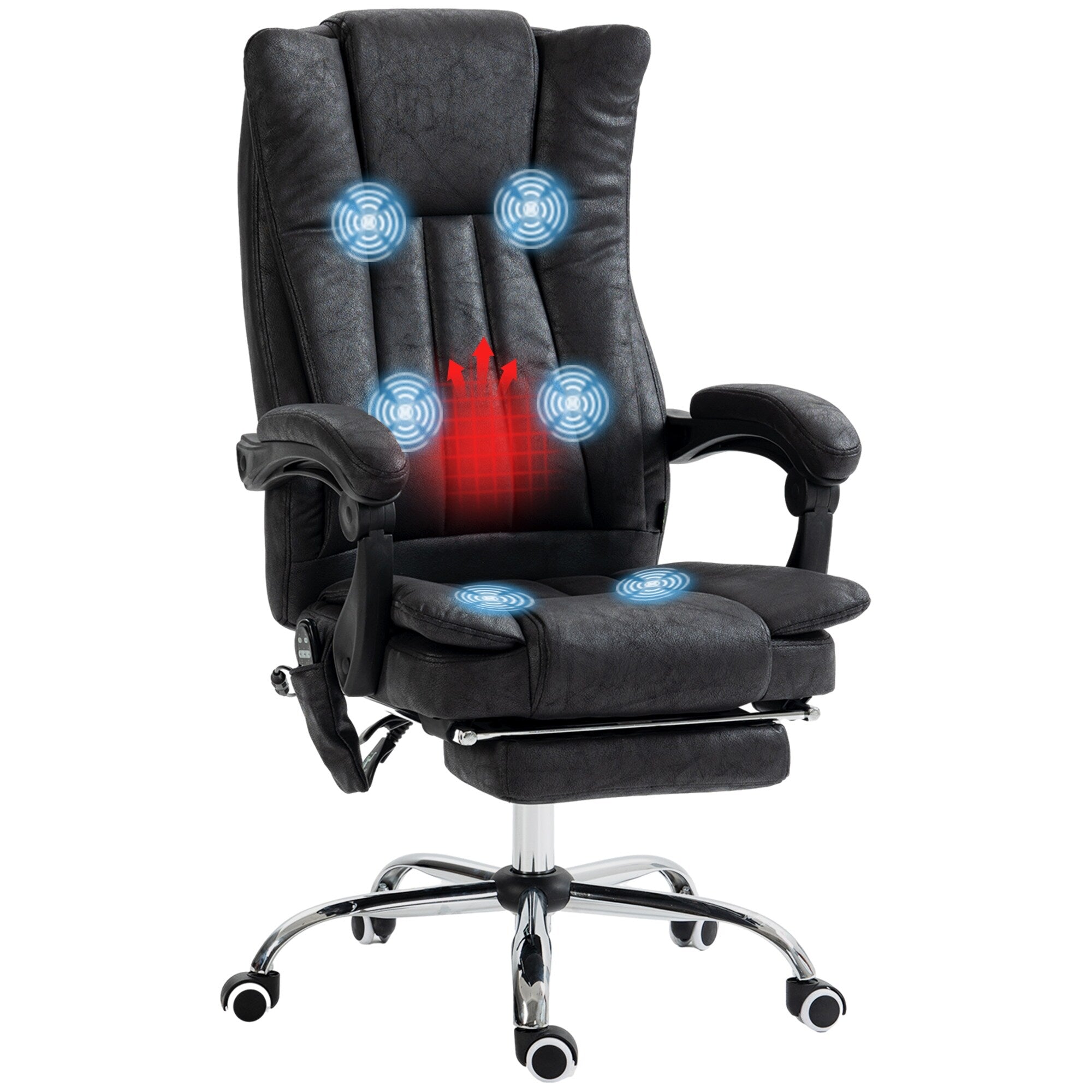 Fauteuil de bureau inclinable et massant pivotant à 360° en microfibre avec massage par vibration, chauffage, repose-pieds et hauteur réglable