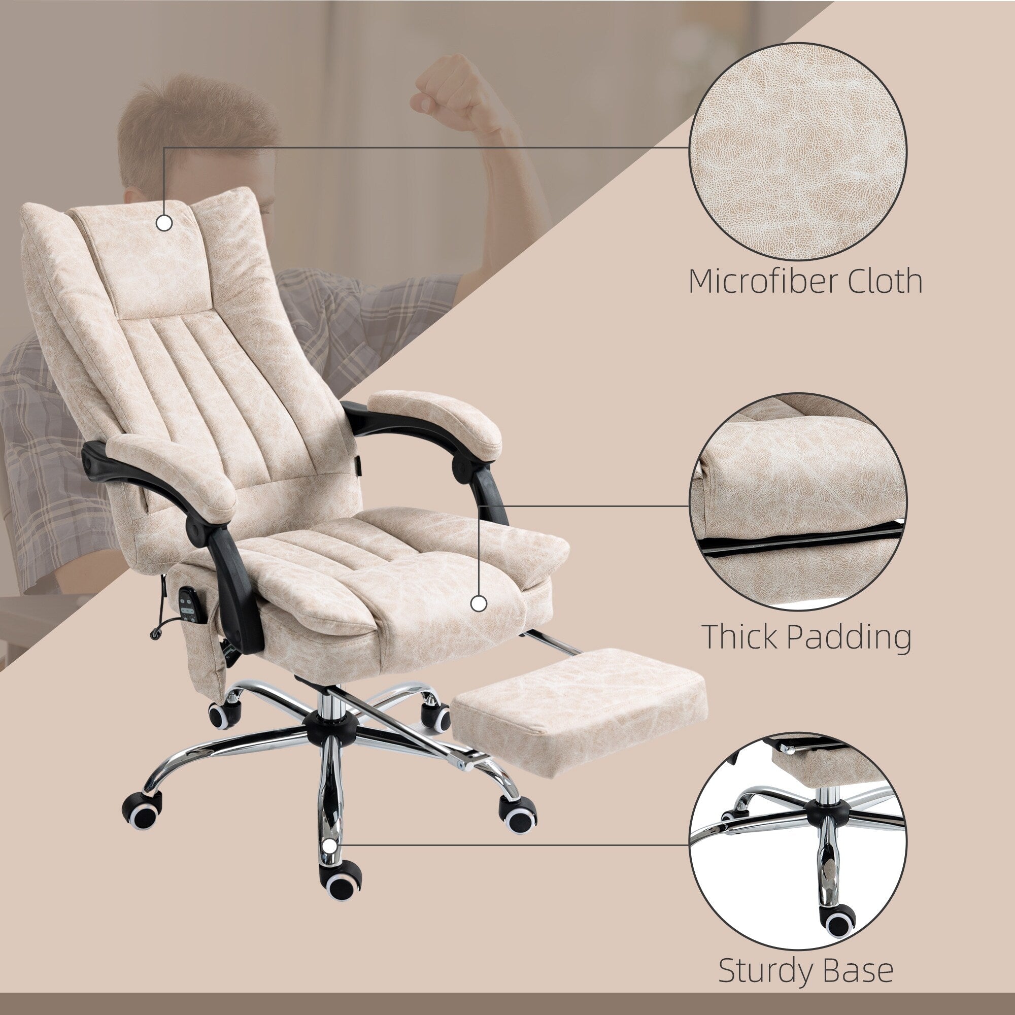 Fauteuil de bureau inclinable et massant pivotant à 360° en microfibre avec massage par vibration, chauffage, repose-pieds et hauteur réglable