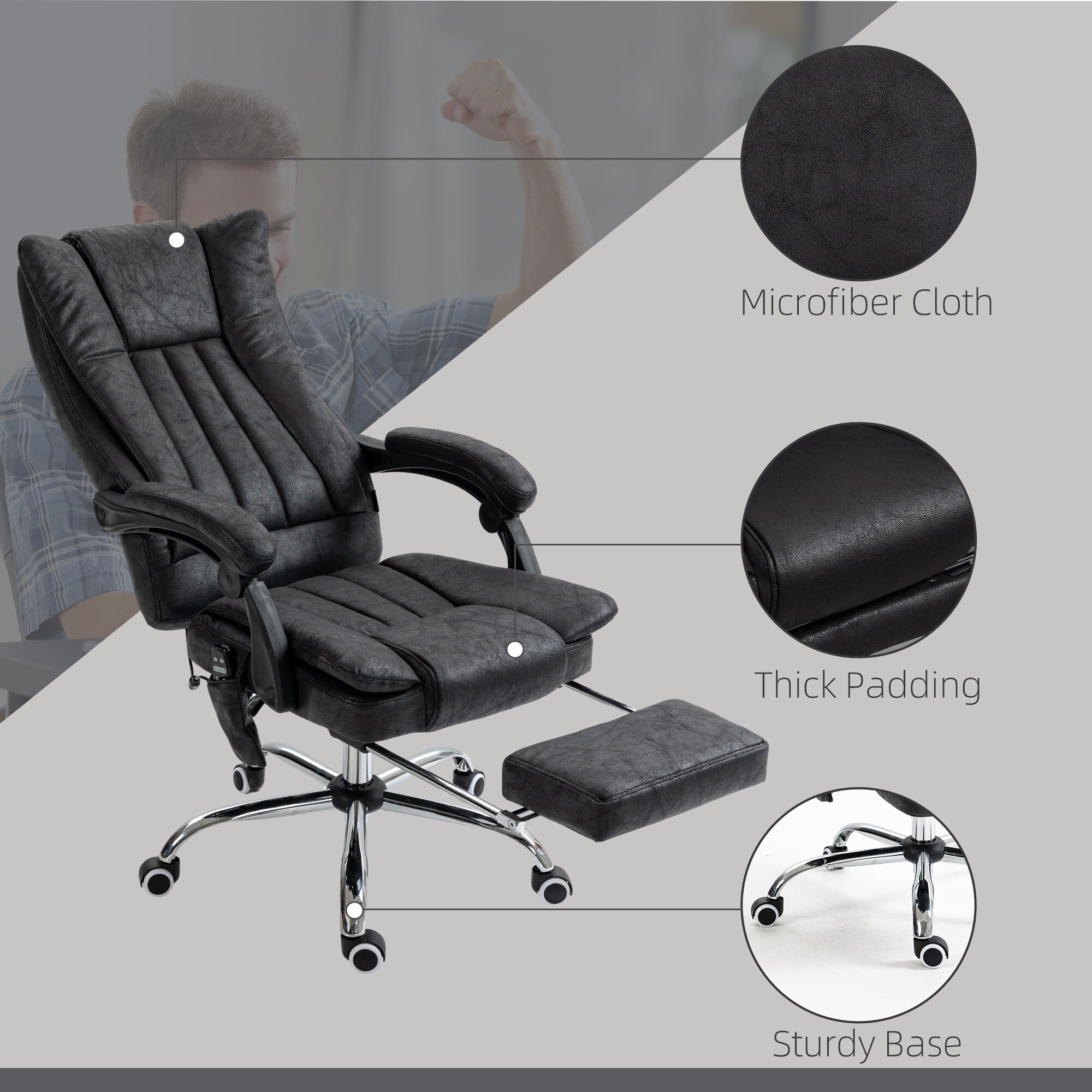Fauteuil de bureau inclinable et massant pivotant à 360° en microfibre avec massage par vibration, chauffage, repose-pieds et hauteur réglable