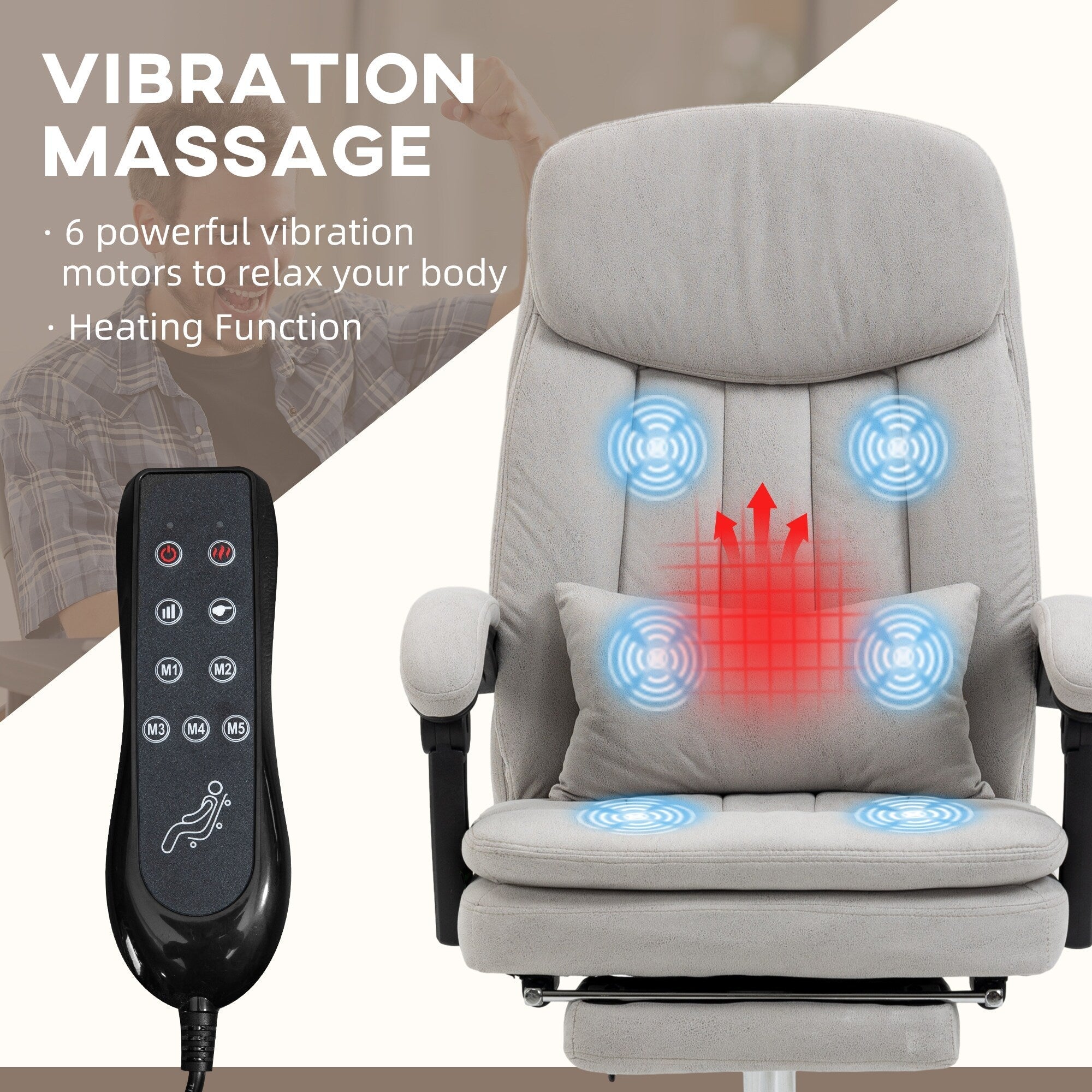 Fauteuil de bureau inclinable pivotant à 360° en microfibre avec massage par vibrations, chauffage lombaire, coussin lombaire, repose-pieds, hauteur réglable