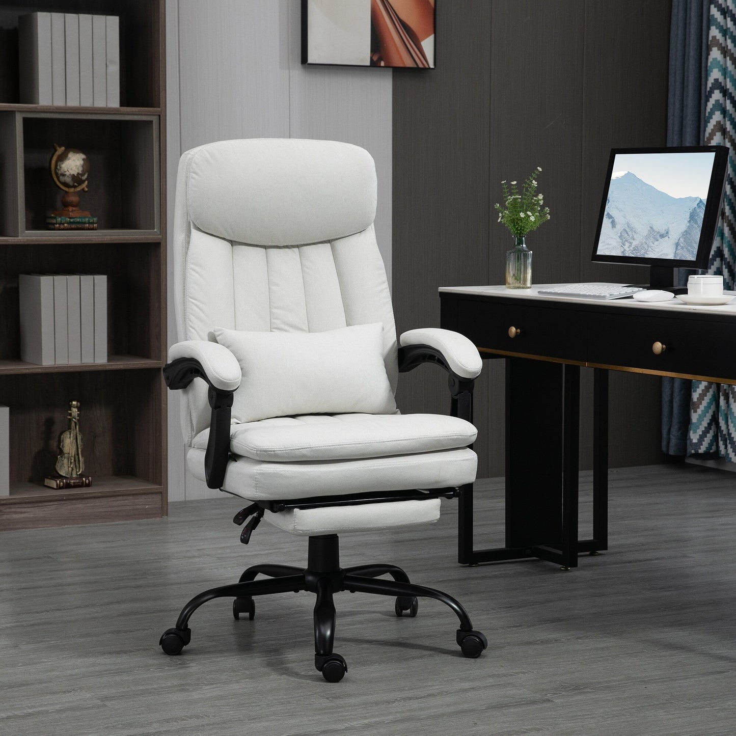 Fauteuil de bureau inclinable pivotant à 360° en microfibre avec massage par vibrations, chauffage lombaire, coussin lombaire, repose-pieds, hauteur réglable