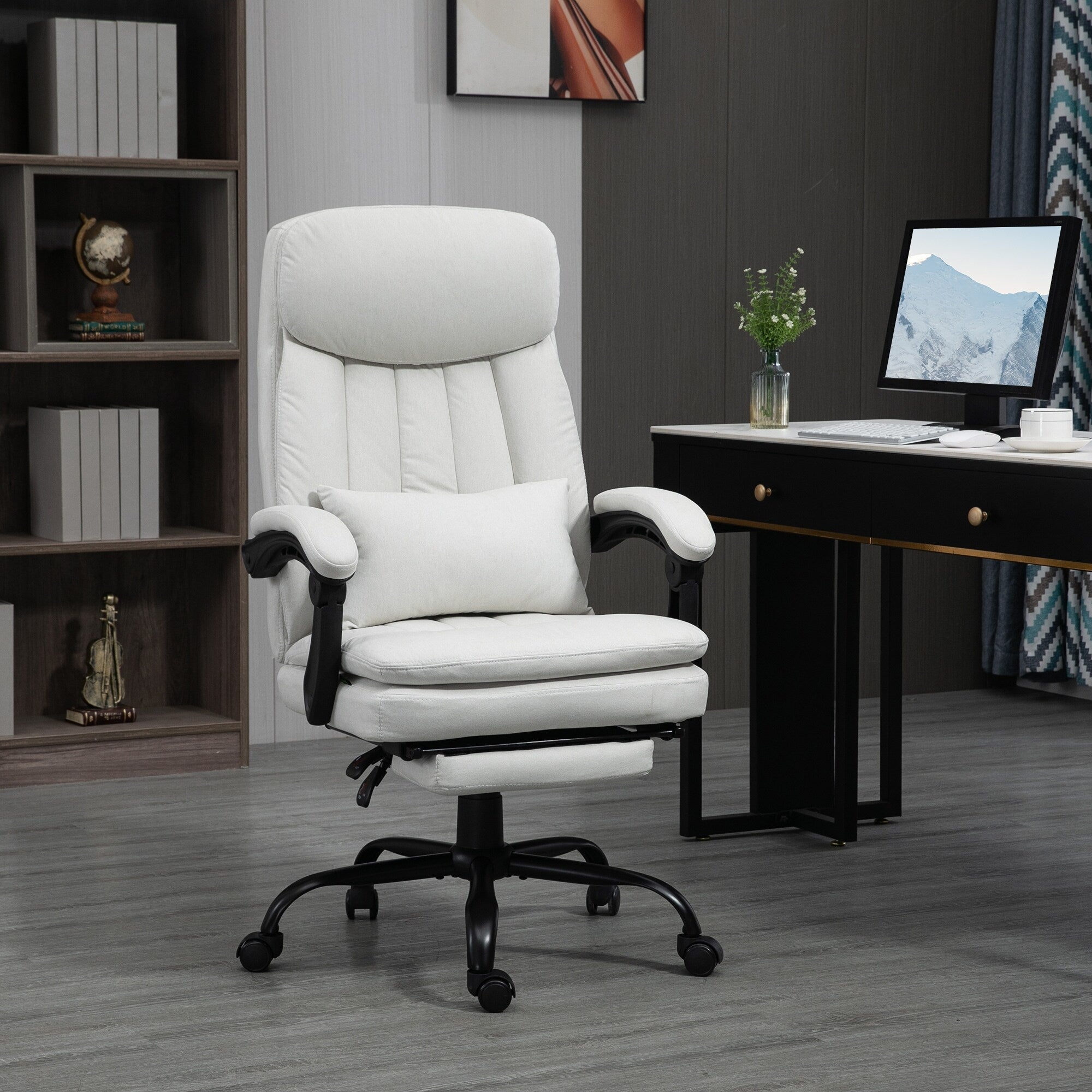 Fauteuil de bureau inclinable pivotant à 360° en microfibre avec massage par vibrations, chauffage lombaire, coussin lombaire, repose-pieds, hauteur réglable