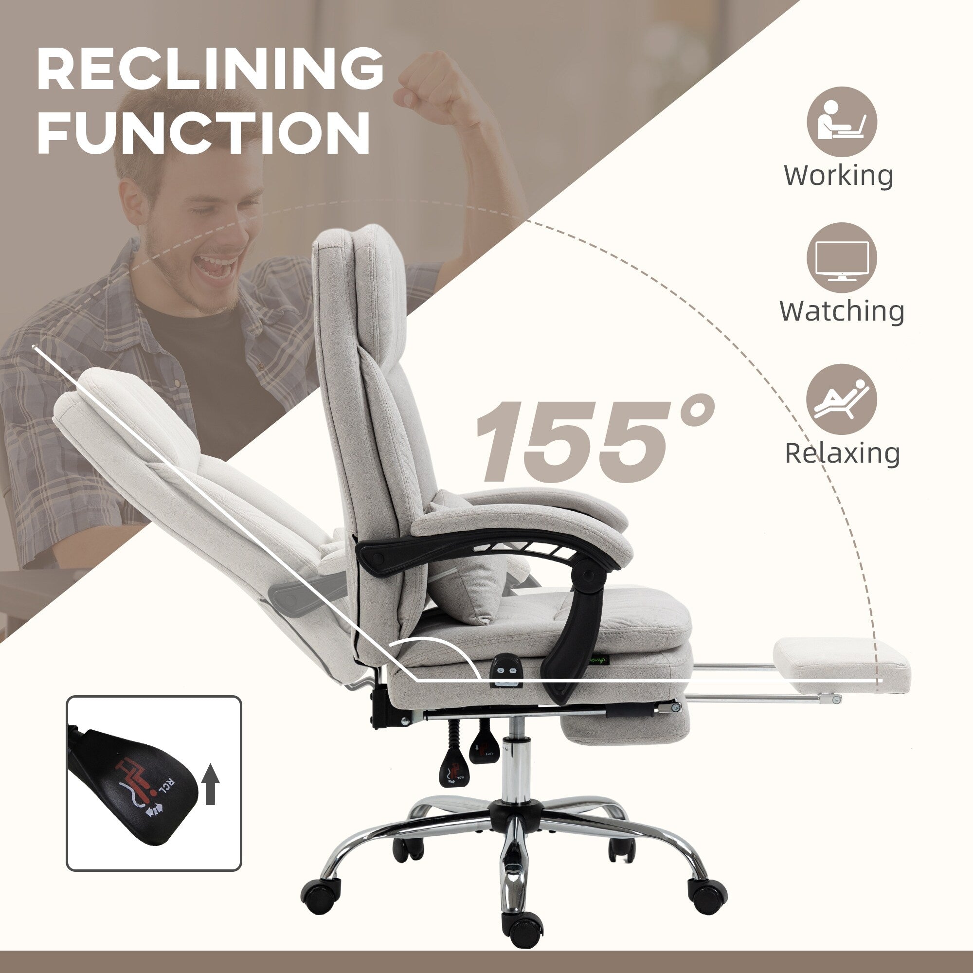 Fauteuil de bureau inclinable pivotant à 360° en microfibre avec massage par vibrations, chauffage lombaire, coussin lombaire, repose-pieds, hauteur réglable