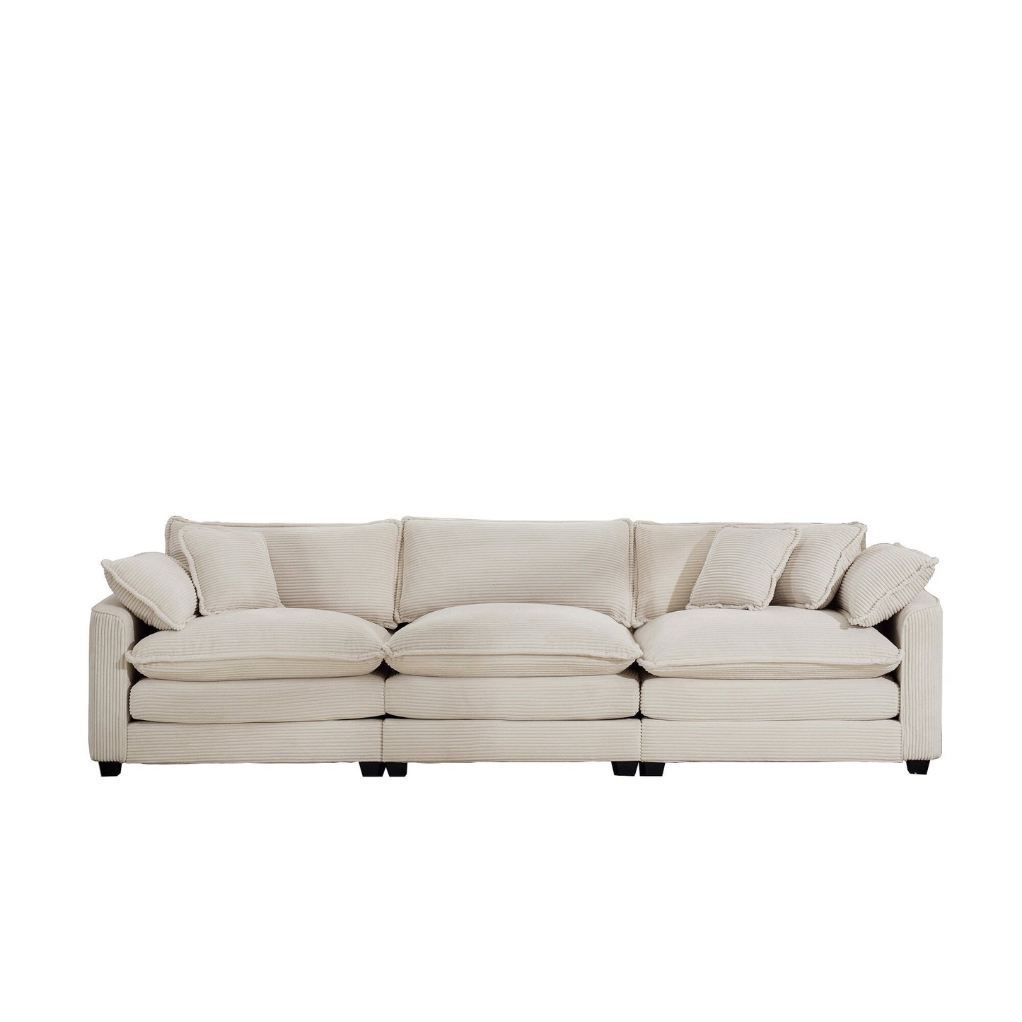 Canapé modulable 3 places en velours côtelé de style milieu de siècle avec 2 coussins d'accoudoir et 3 coussins décoratifs pour le salon