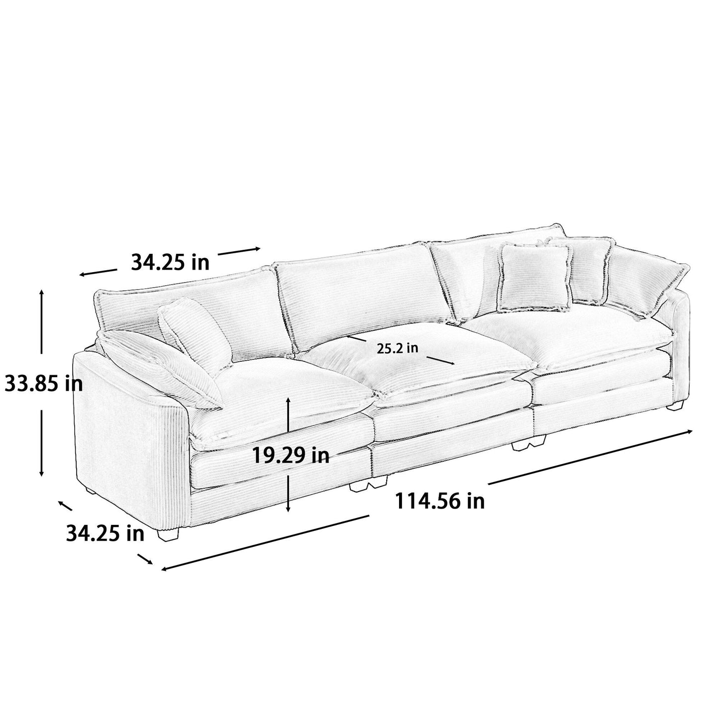 Canapé modulable 3 places en velours côtelé de style milieu de siècle avec 2 coussins d'accoudoir et 3 coussins décoratifs pour le salon