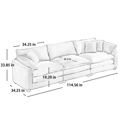Canapé modulable 3 places en velours côtelé de style milieu de siècle avec 2 coussins d'accoudoir et 3 coussins décoratifs pour le salon