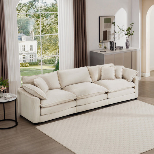 Canapé modulable 3 places en velours côtelé de style milieu de siècle avec 2 coussins d'accoudoir et 3 coussins décoratifs pour le salon