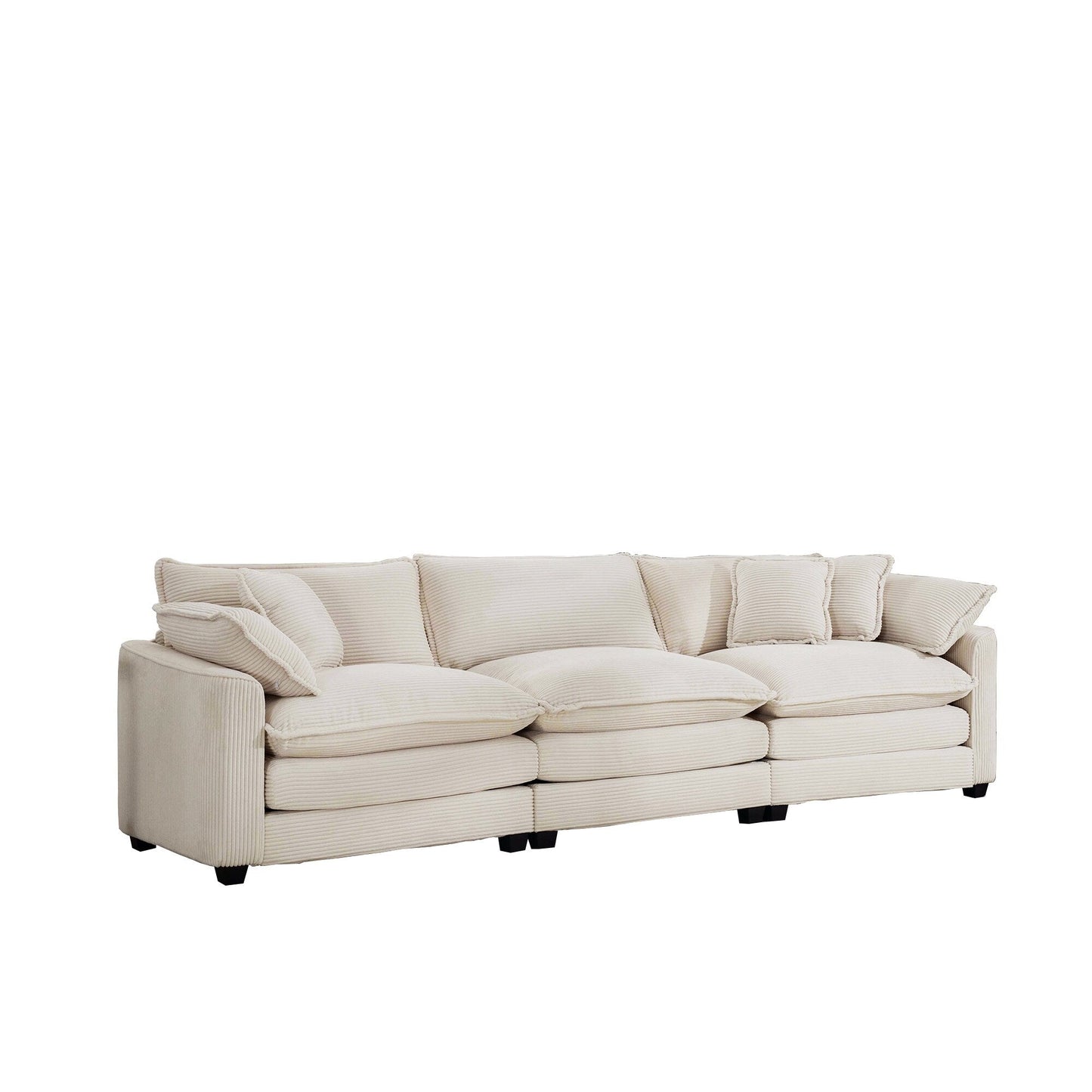 Canapé modulable 3 places en velours côtelé de style milieu de siècle avec 2 coussins d'accoudoir et 3 coussins décoratifs pour le salon