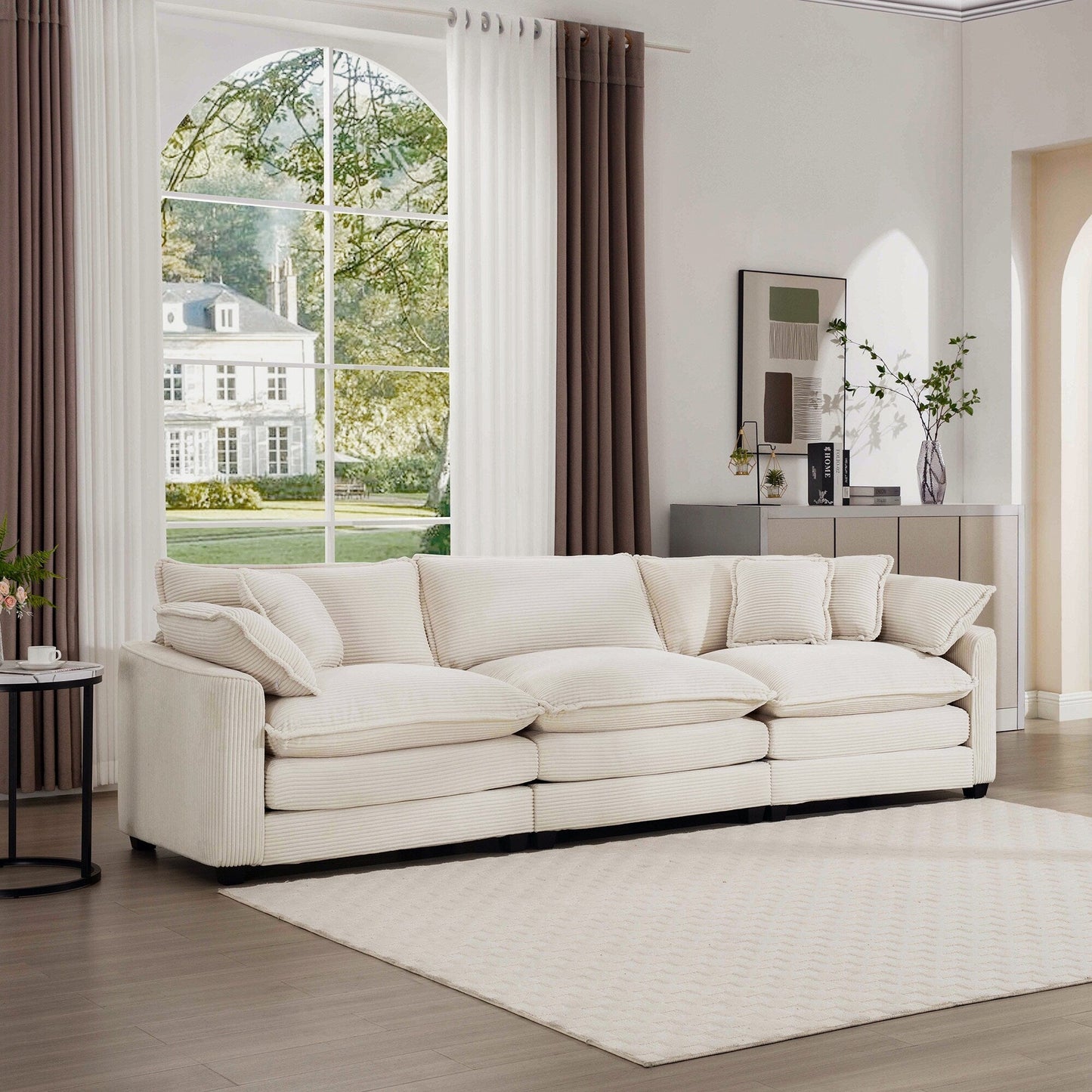 Canapé modulable 3 places en velours côtelé de style milieu de siècle avec 2 coussins d'accoudoir et 3 coussins décoratifs pour le salon
