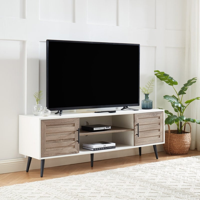Meuble TV moderne du milieu du siècle pour téléviseurs jusqu'à 70 pouces, console multimédia de centre de divertissement - 20,5 pouces (H) 59 pouces (L) 59 pouces (P) 15,5 pouces (P)