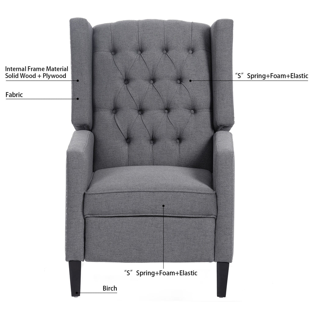 Canapé à oreilles en tissu capitonné moderne du milieu du siècle, fauteuil inclinable manuel à dossier haut avec garniture argentée et 3 vitesses