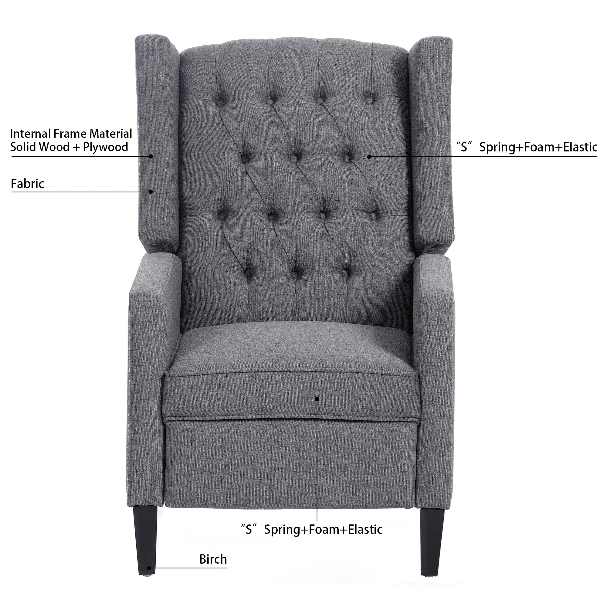Canapé à oreilles en tissu capitonné moderne du milieu du siècle, fauteuil inclinable manuel à dossier haut avec garniture argentée et 3 vitesses