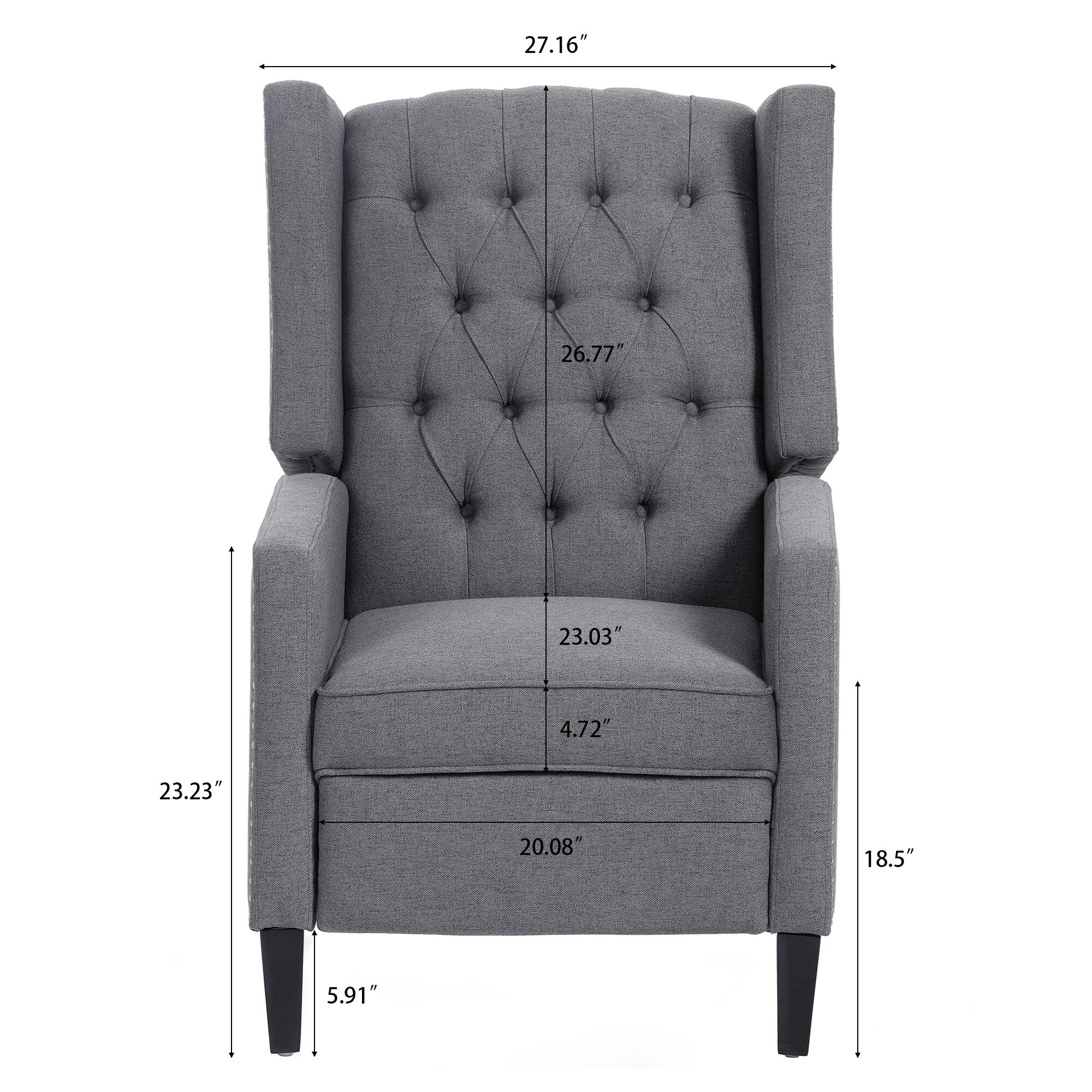 Canapé à oreilles en tissu capitonné moderne du milieu du siècle, fauteuil inclinable manuel à dossier haut avec garniture argentée et 3 vitesses