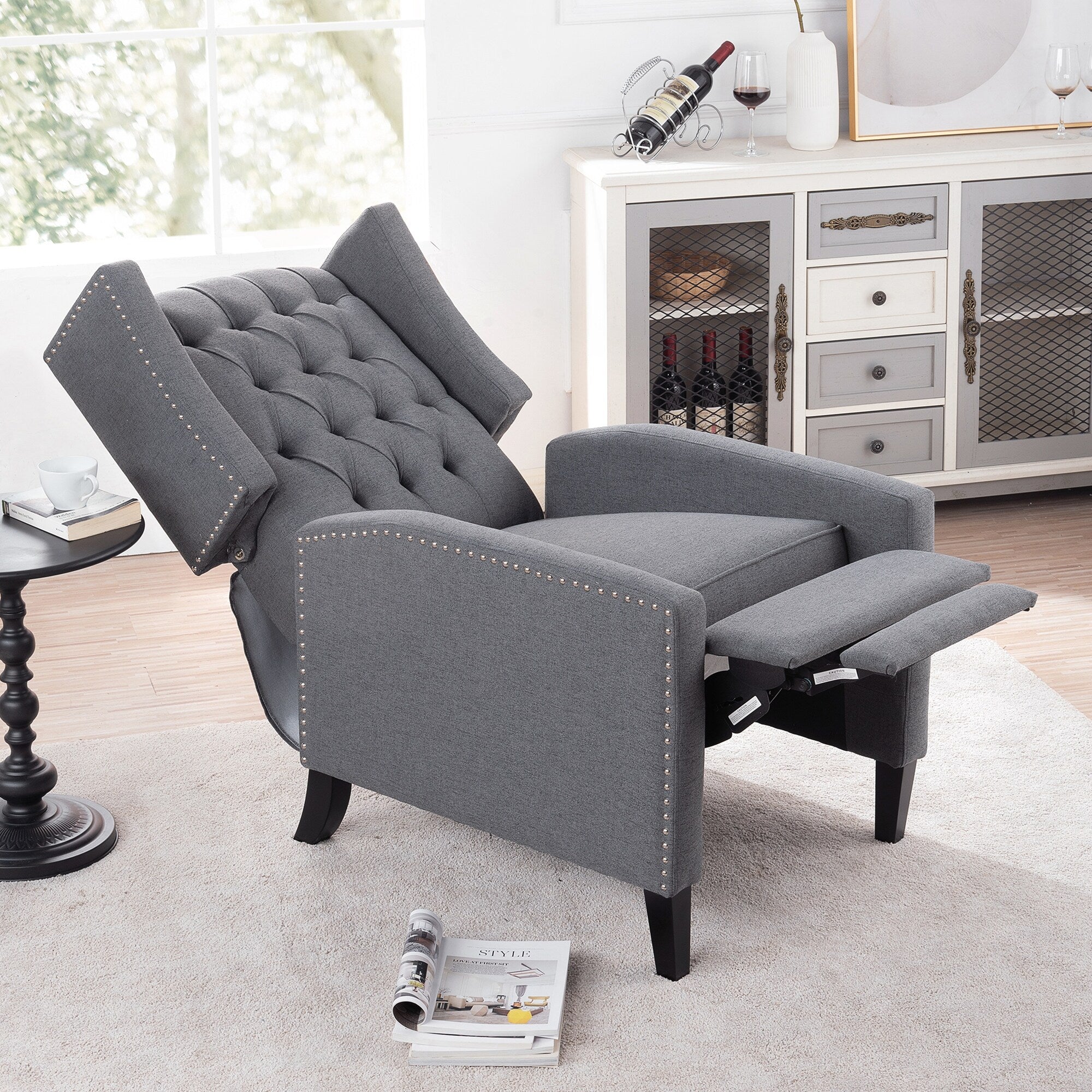 Canapé à oreilles en tissu capitonné moderne du milieu du siècle, fauteuil inclinable manuel à dossier haut avec garniture argentée et 3 vitesses