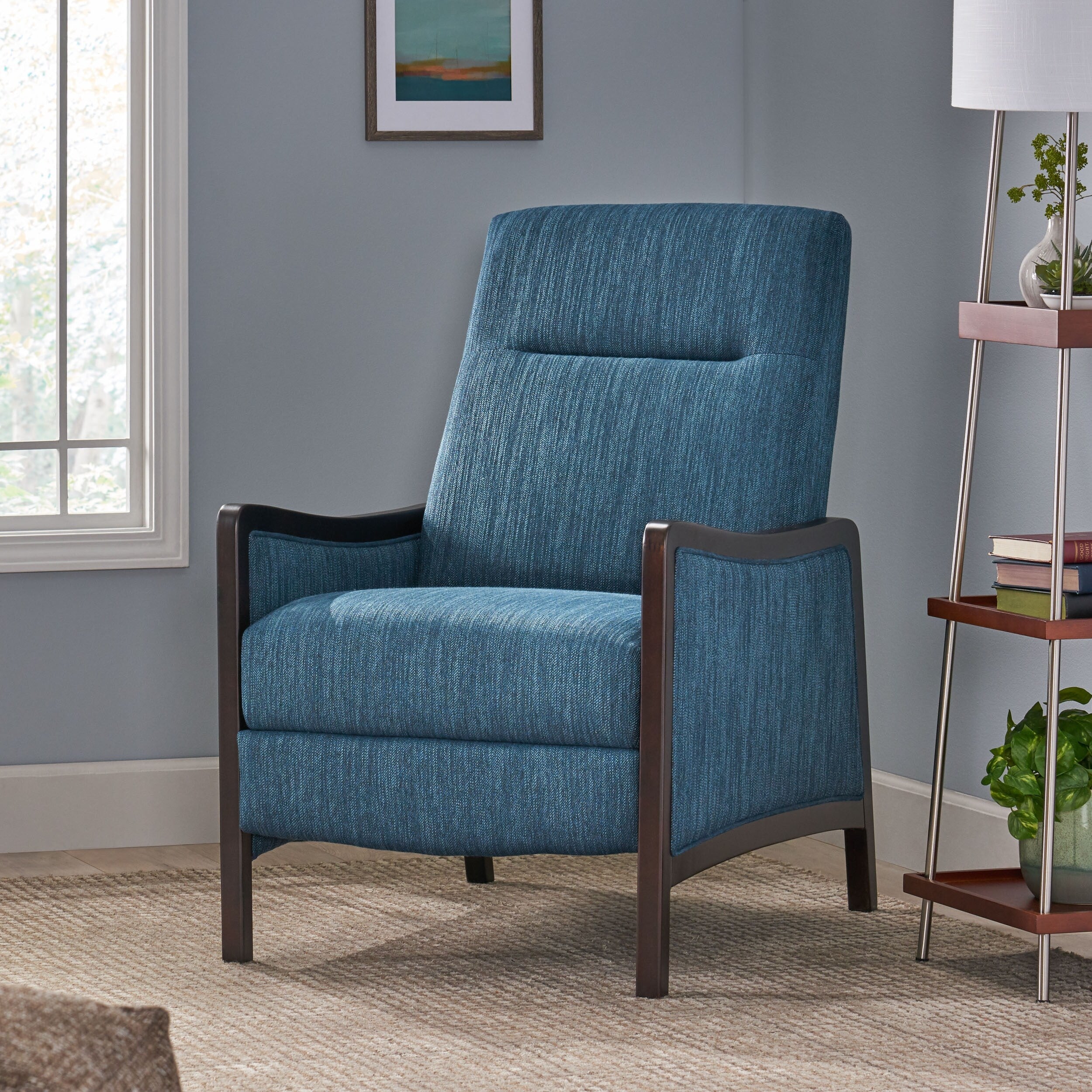 Fauteuil inclinable rembourré du milieu du siècle avec repose-pieds et cadre en bois de bouleau