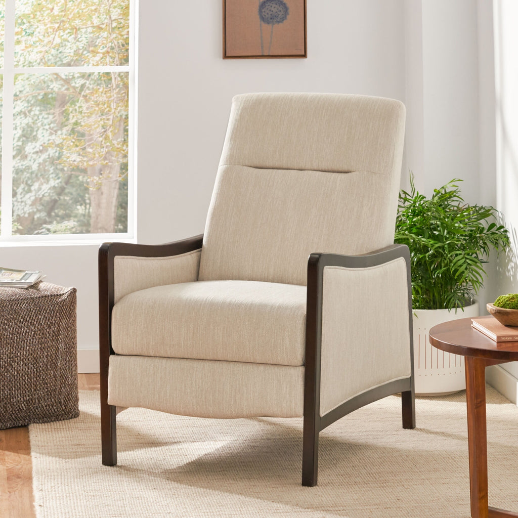 Fauteuil inclinable rembourré du milieu du siècle avec repose-pieds et cadre en bois de bouleau