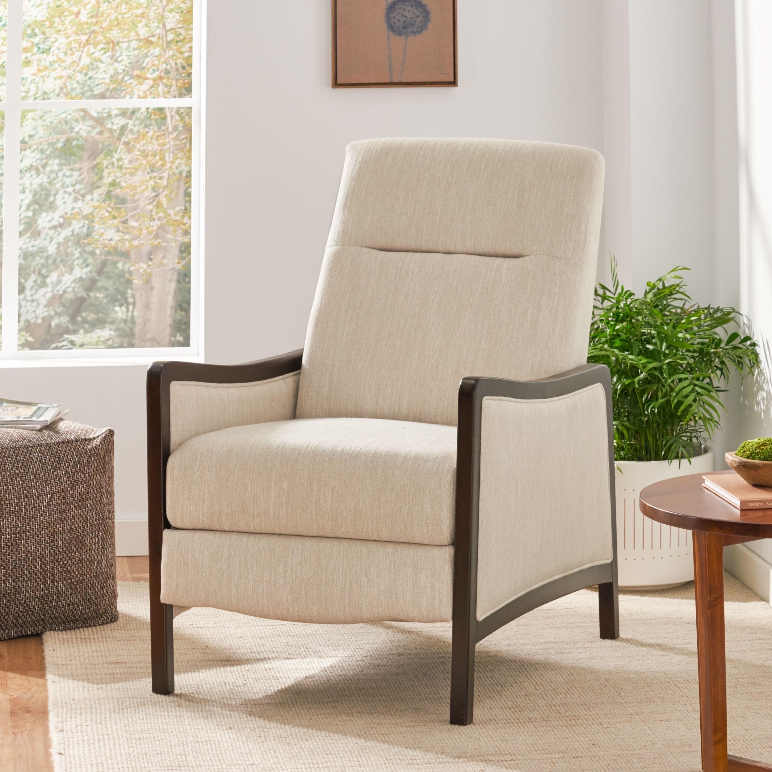 Fauteuil inclinable rembourré du milieu du siècle avec repose-pieds et cadre en bois de bouleau