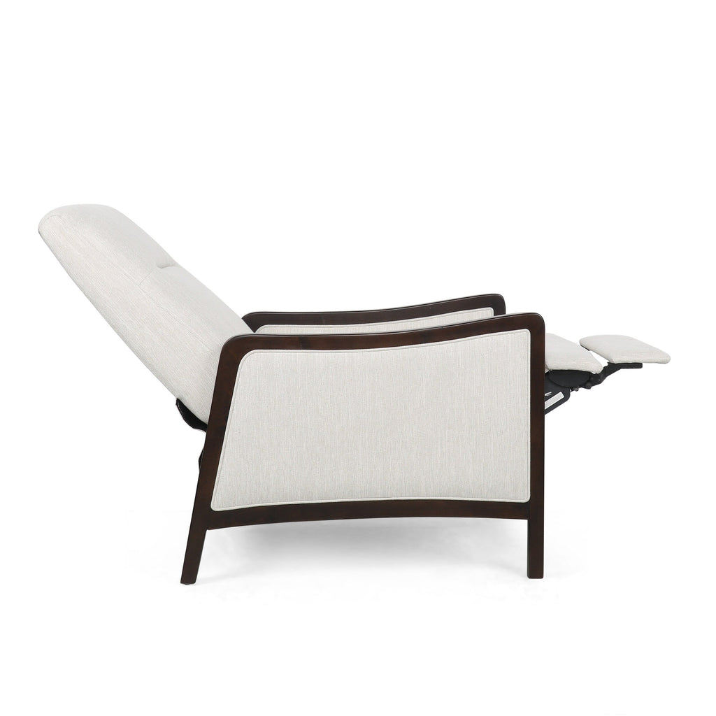 Fauteuil inclinable rembourré du milieu du siècle avec repose-pieds et cadre en bois de bouleau