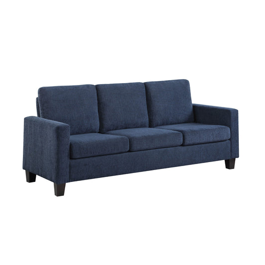 Canapé Mihi, chenille bleue, 193 cm, pieds fuselés en bois noir