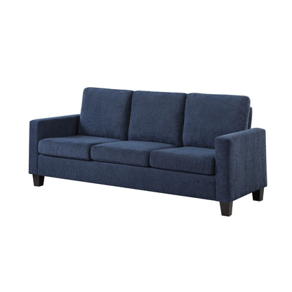 Canapé Mihi, chenille bleue, 193 cm, pieds fuselés en bois noir
