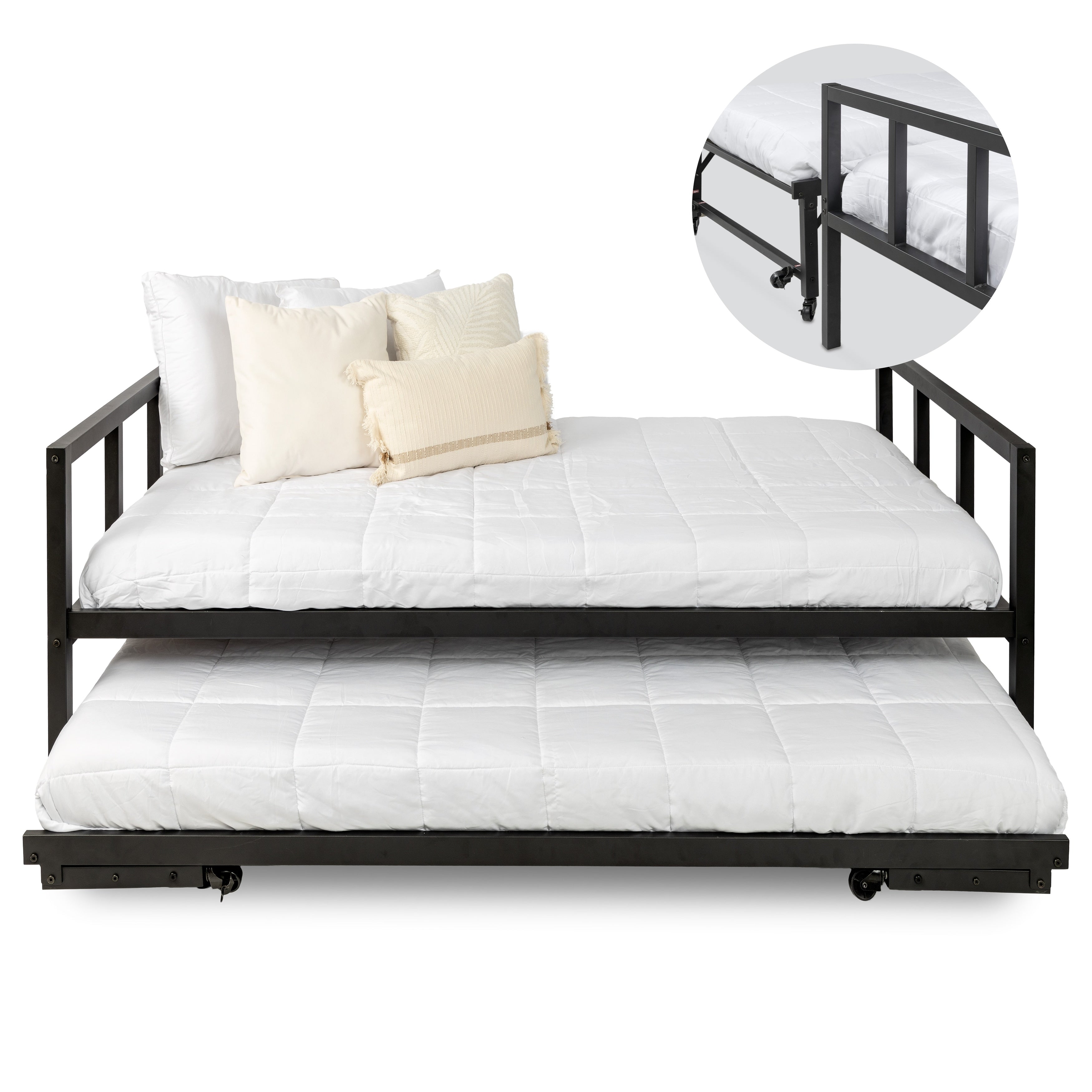 Ensemble lit de repos double et lit gigogne pliant Milliard, cadre noir – Matelas vendus séparément
