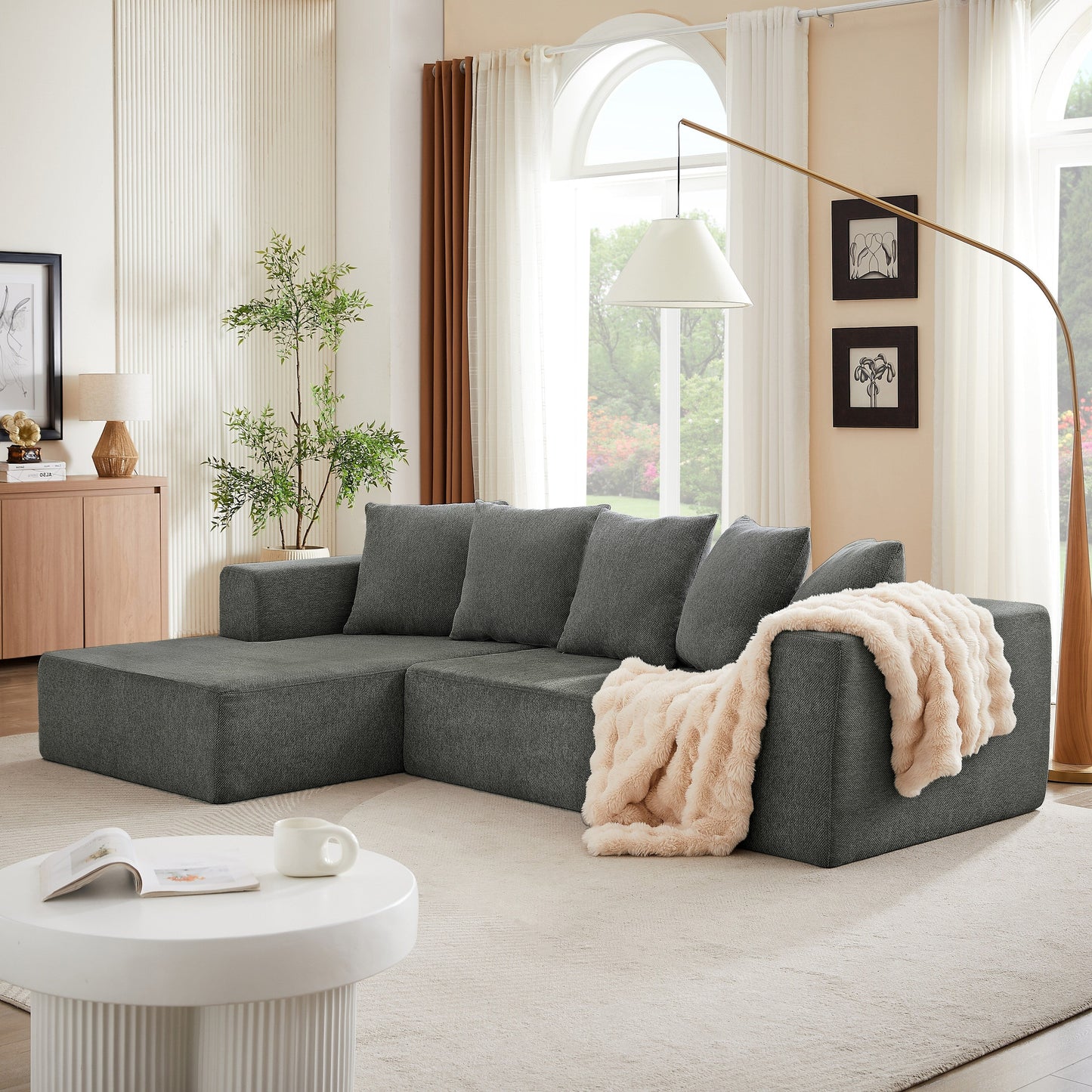 Canapé modulaire en forme de L en tissu chenille minimaliste pour salon