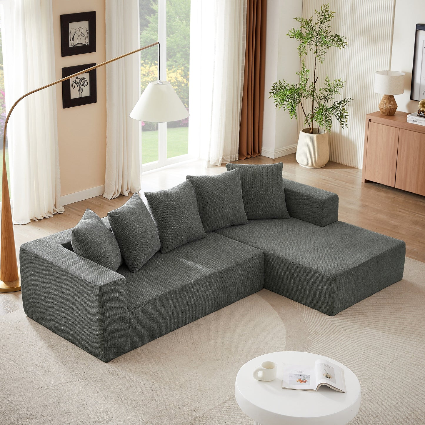 Canapé modulaire en forme de L en tissu chenille minimaliste pour salon