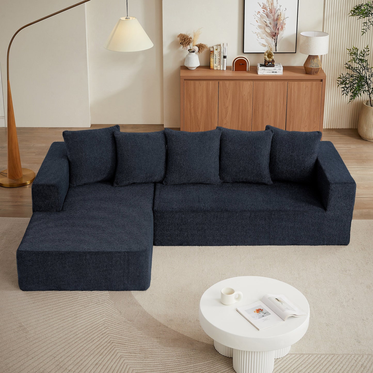 Canapé modulaire en forme de L en tissu chenille minimaliste pour salon