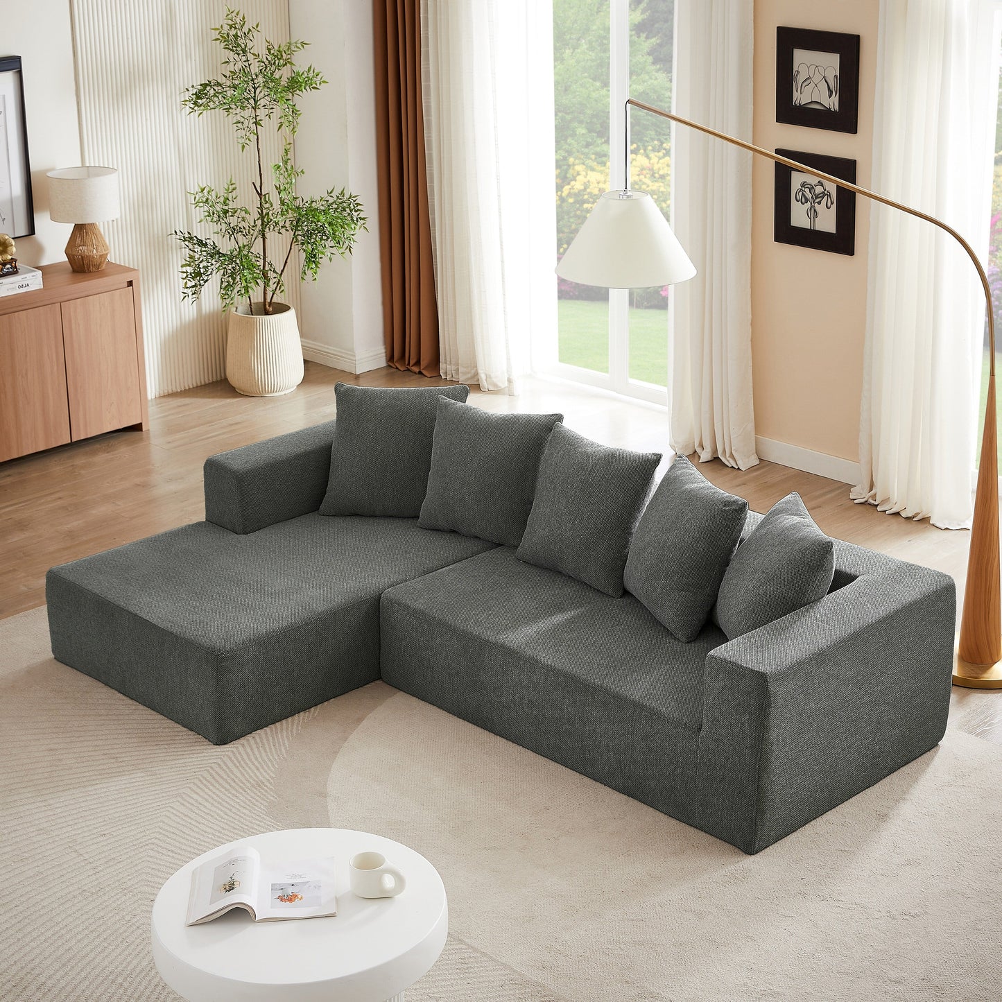 Canapé modulaire en forme de L en tissu chenille minimaliste pour salon