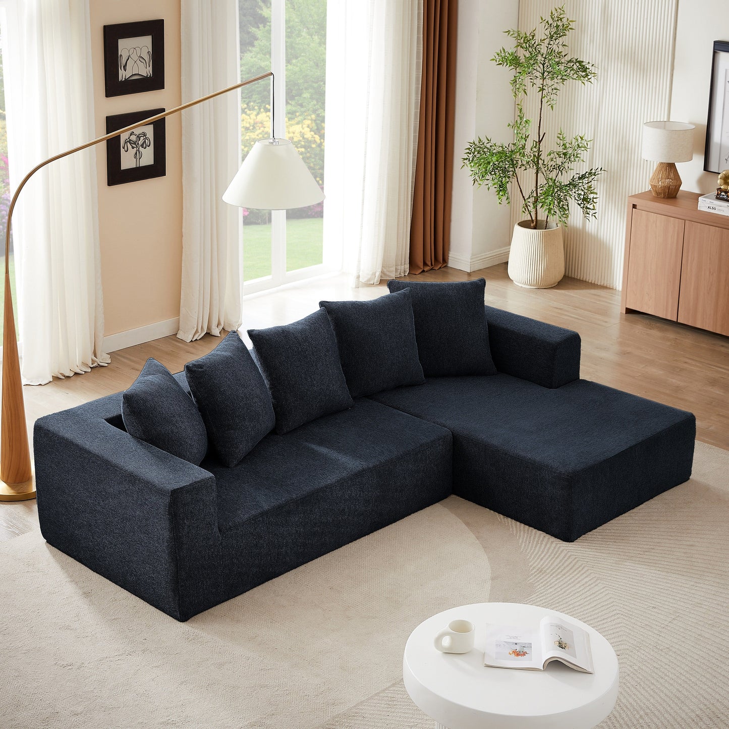 Canapé modulaire en forme de L en tissu chenille minimaliste pour salon