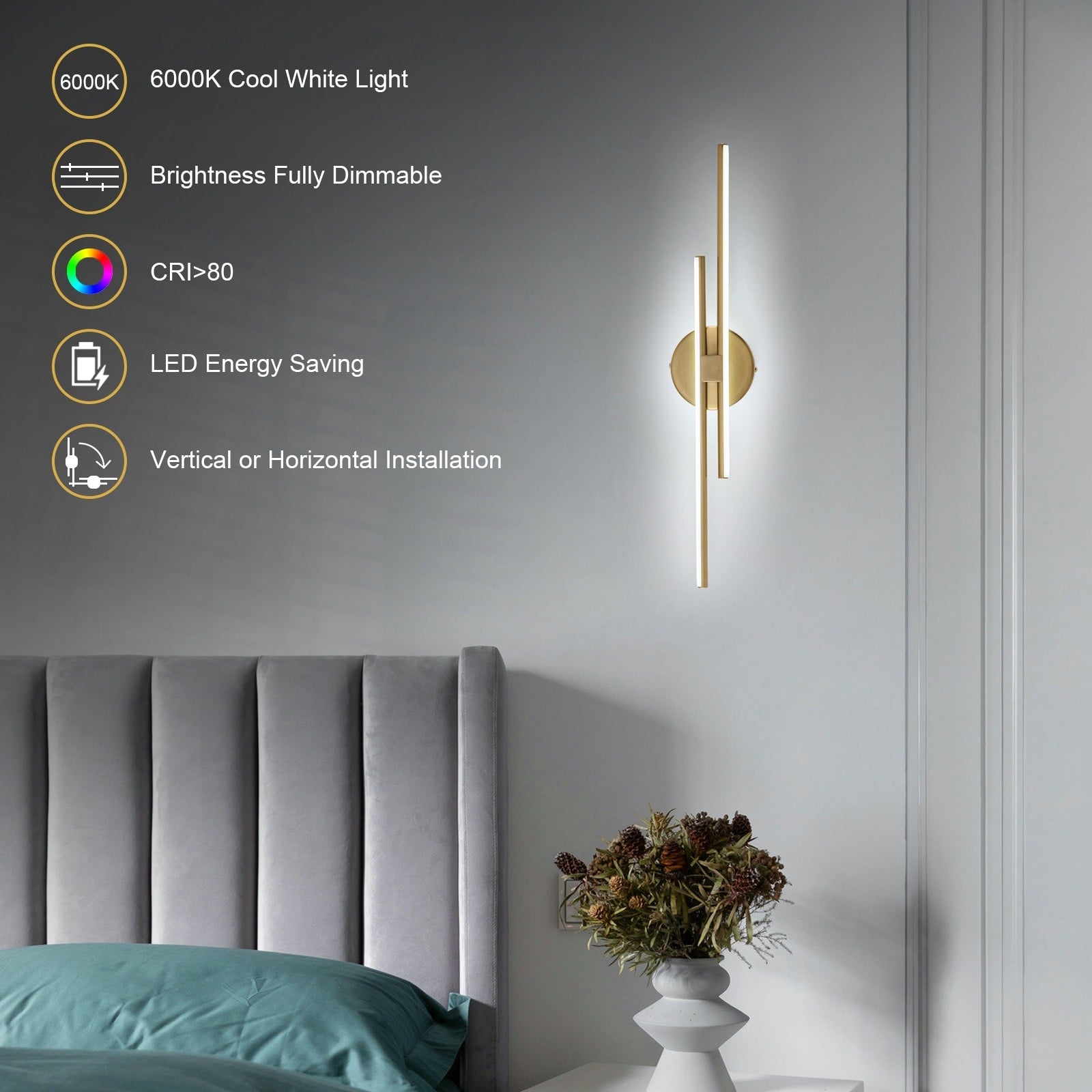 Applique murale linéaire minimaliste en métal à 2 ampoules à LED et intensité variable
