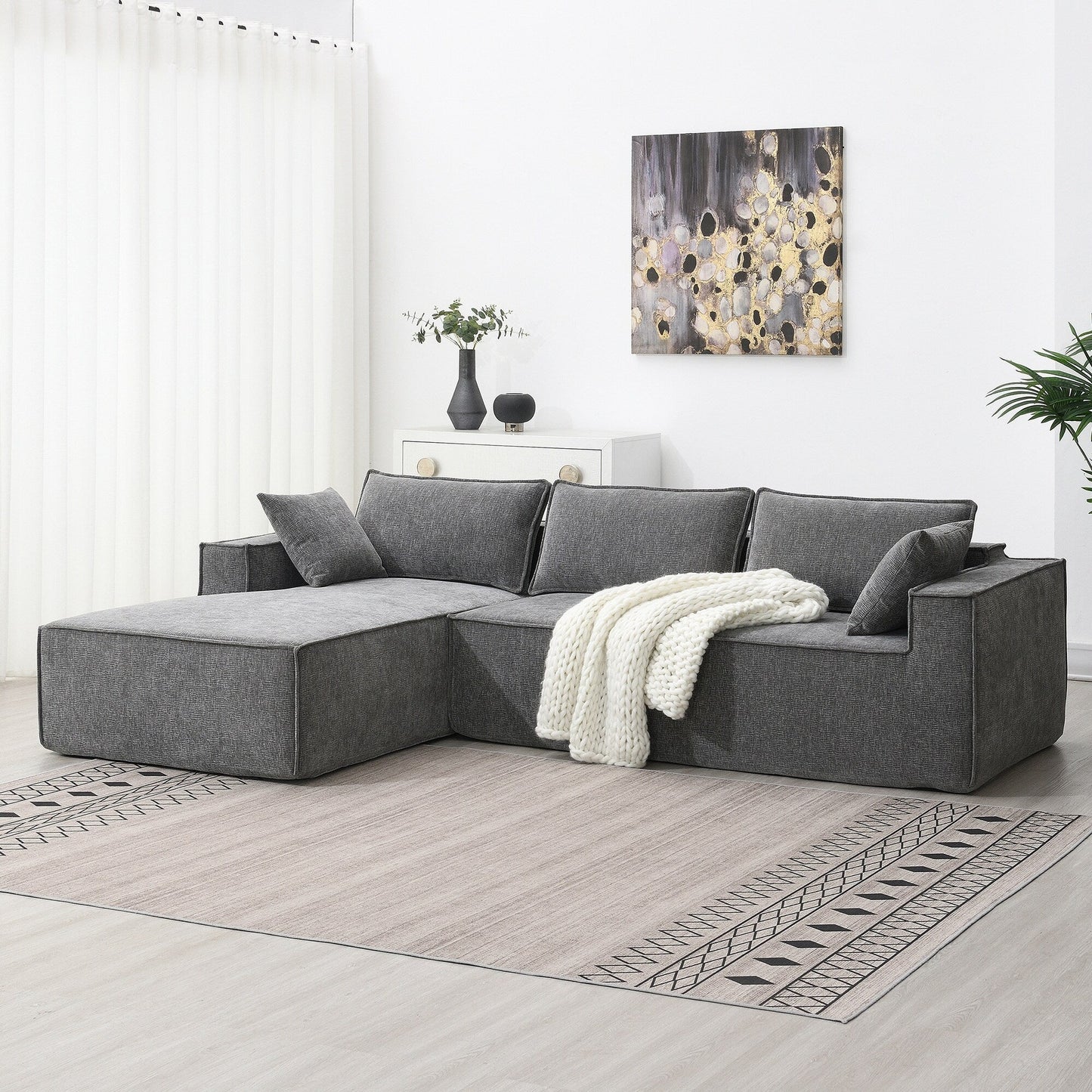 Canapé modulaire de style minimaliste, ensemble de canapés en chenille infroissable, canapé compressé en forme de L pour le salon
