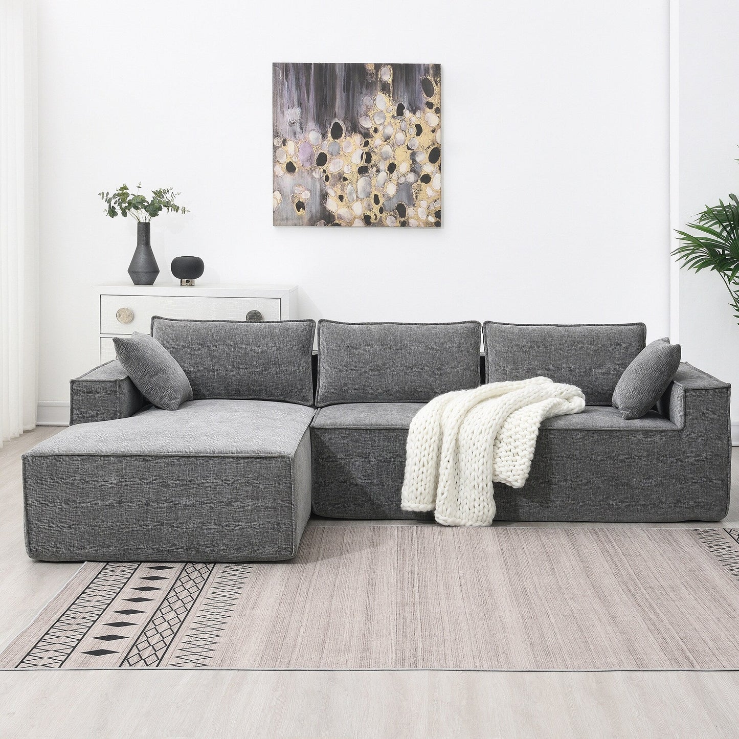 Canapé modulaire de style minimaliste, ensemble de canapés en chenille infroissable, canapé compressé en forme de L pour le salon