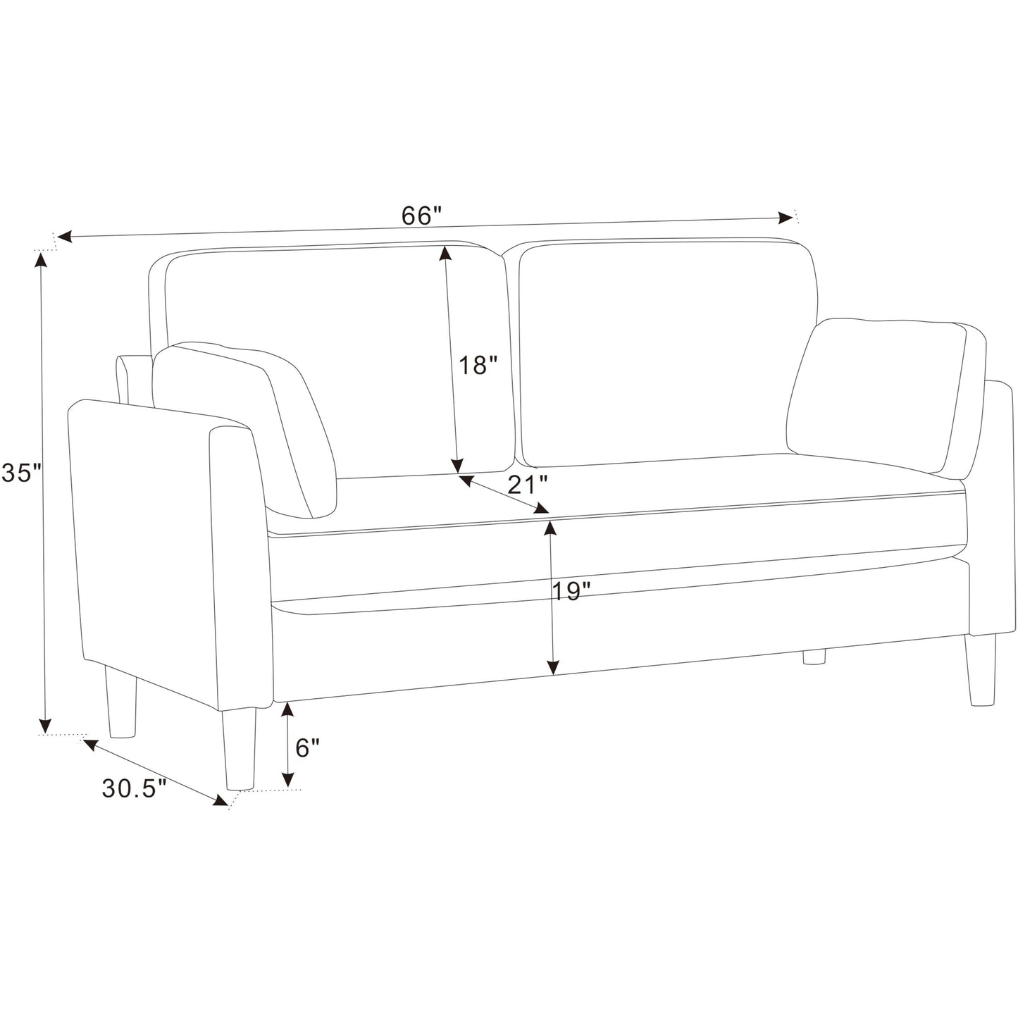 Canapé rembourré minimaliste - 2 places - 30,5 P x 66 L x 35 H