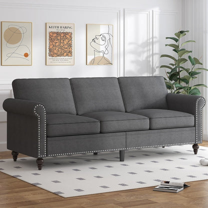Canapé 3 places moderne Mixoy W76'' en lin doux avec motif riveté pour le salon