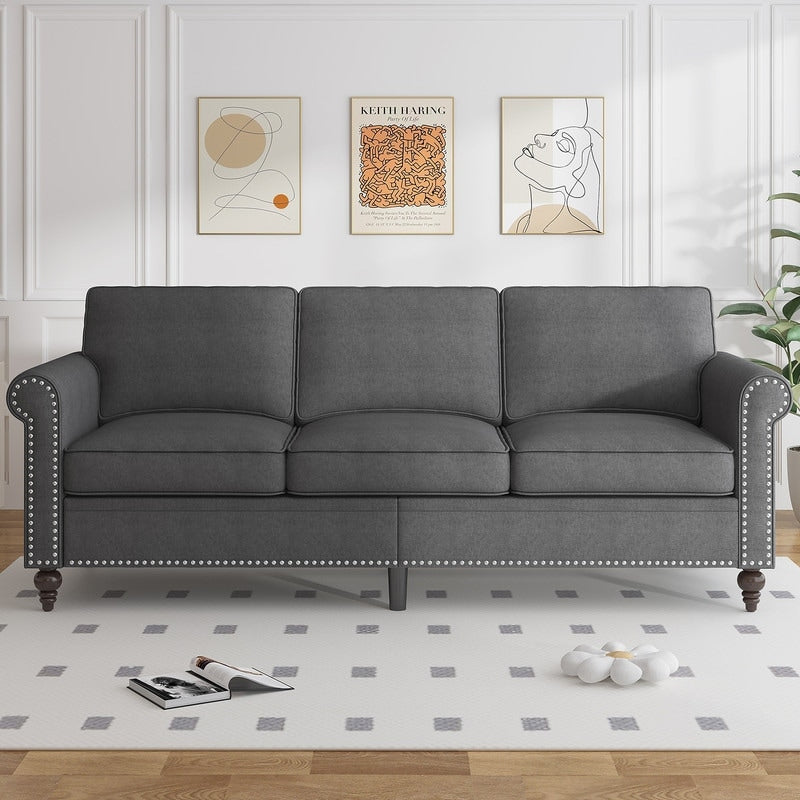 Canapé 3 places moderne Mixoy W76'' en lin doux avec motif riveté pour le salon