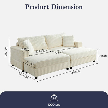 Chaise longue Mixoy 85'' en velours côtelé avec pouf de rangement et accoudoirs, fauteuil inclinable 2 places rembourré pour l'intérieur