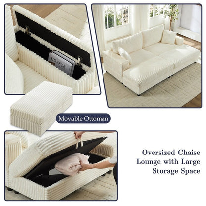 Chaise longue Mixoy 85'' en velours côtelé avec pouf de rangement et accoudoirs, fauteuil inclinable 2 places rembourré pour l'intérieur