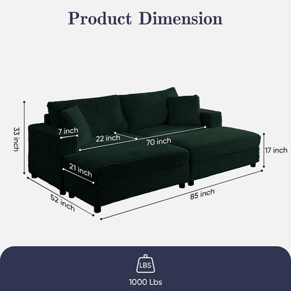Chaise longue Mixoy 85'' en velours côtelé avec pouf de rangement et accoudoirs, fauteuil inclinable 2 places rembourré pour l'intérieur