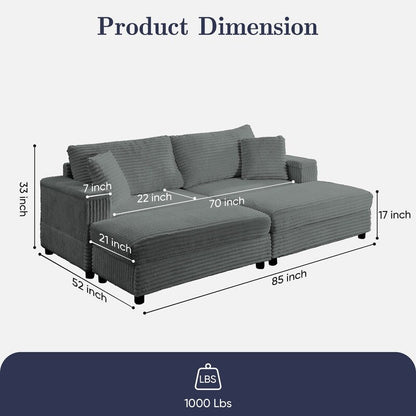 Chaise longue Mixoy 85'' en velours côtelé avec pouf de rangement et accoudoirs, fauteuil inclinable 2 places rembourré pour l'intérieur