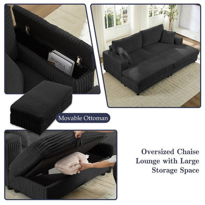 Chaise longue Mixoy 85'' en velours côtelé avec pouf de rangement et accoudoirs, fauteuil inclinable 2 places rembourré pour l'intérieur