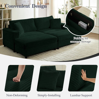 Chaise longue Mixoy 85'' en velours côtelé avec pouf de rangement et accoudoirs, fauteuil inclinable 2 places rembourré pour l'intérieur