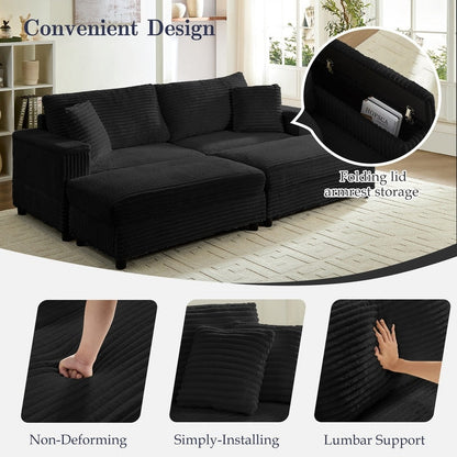 Chaise longue Mixoy 85'' en velours côtelé avec pouf de rangement et accoudoirs, fauteuil inclinable 2 places rembourré pour l'intérieur
