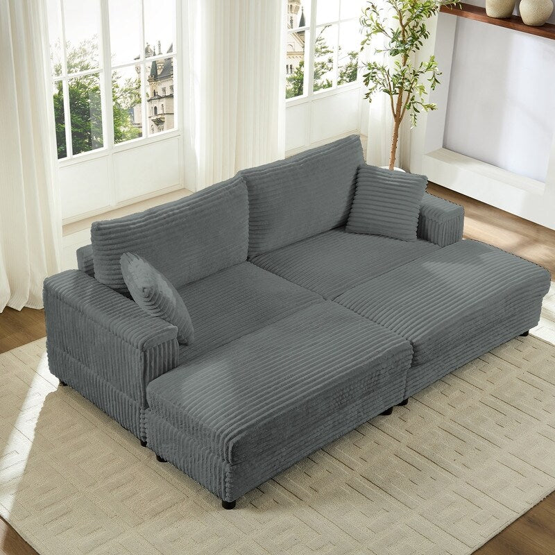 Chaise longue Mixoy 85'' en velours côtelé avec pouf de rangement et accoudoirs, fauteuil inclinable 2 places rembourré pour l'intérieur