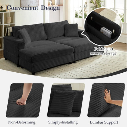 Chaise longue Mixoy 85'' en velours côtelé avec pouf de rangement et accoudoirs, fauteuil inclinable 2 places rembourré pour l'intérieur