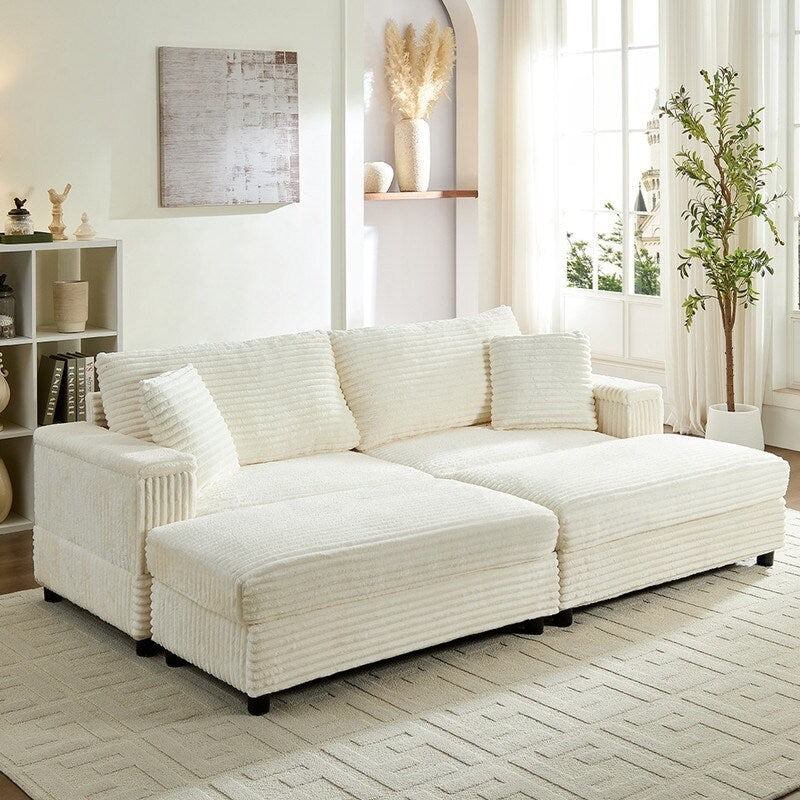 Chaise longue Mixoy 85'' en velours côtelé avec pouf de rangement et accoudoirs, fauteuil inclinable 2 places rembourré pour l'intérieur
