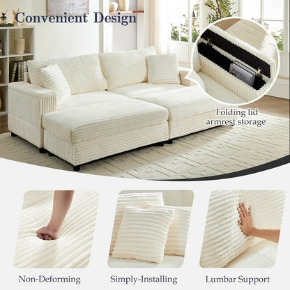 Chaise longue Mixoy 85'' en velours côtelé avec pouf de rangement et accoudoirs, fauteuil inclinable 2 places rembourré pour l'intérieur